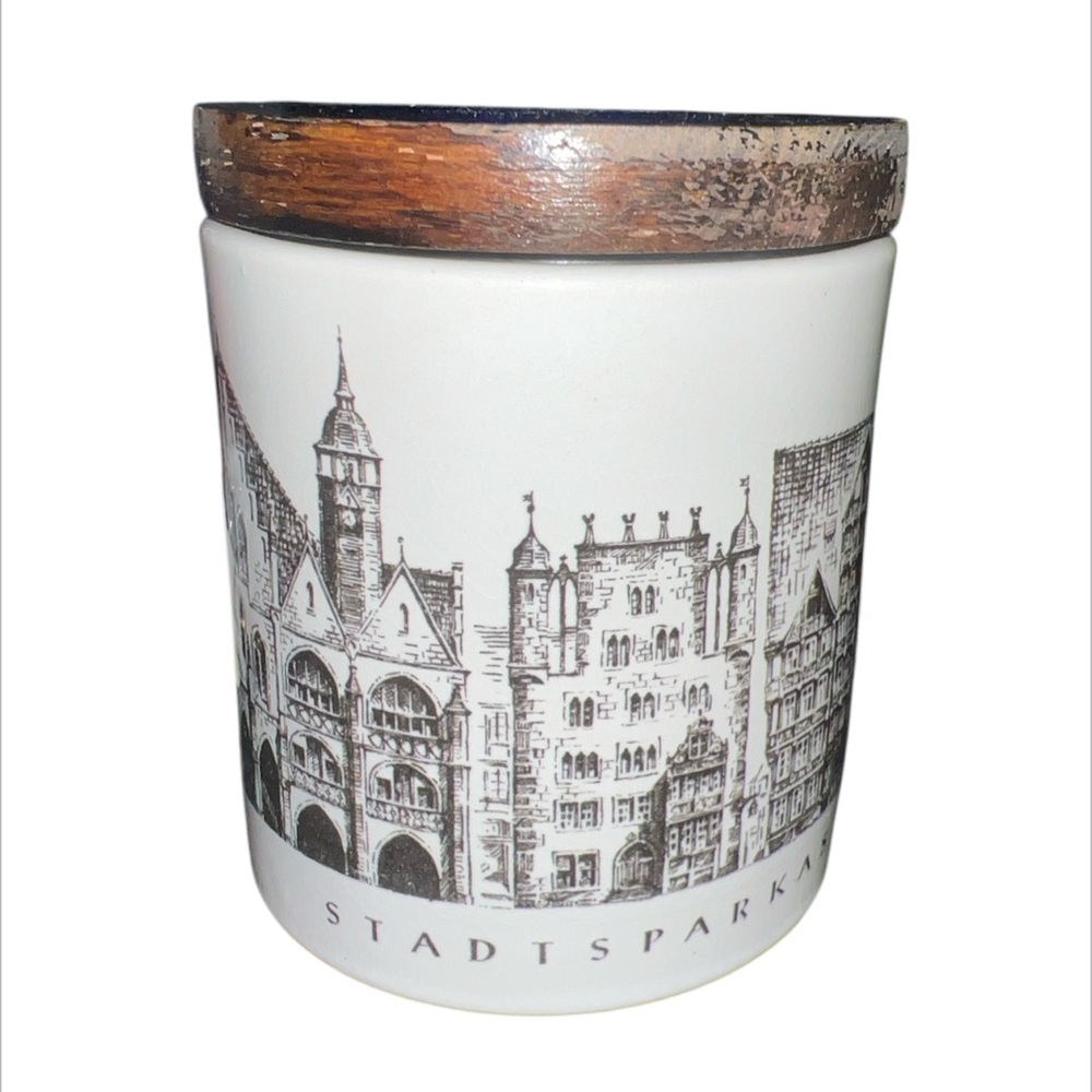 Vintage W Germany stadtsparkasse hildesheim Ceramic Container Wooden Lid